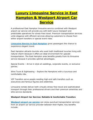 Luxury Limousine Service in East Hampton & Westport Airport Car Service