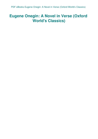 PDF eBooks Eugene Onegin A Novel in Verse (Oxford World's Classics)