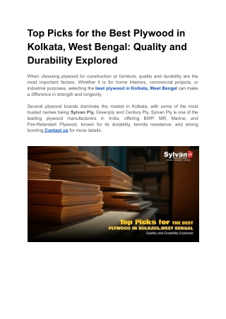 Top Picks for the Best Plywood in Kolkata, West Bengal_ Quality and Durability Explored