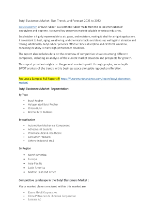 Butyl Elastomers Market  Size, Trends, and Forecast 2023 to 2032