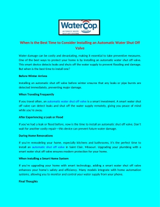 When Is the Best Time to Consider Installing an Automatic Water Shut Off Valve