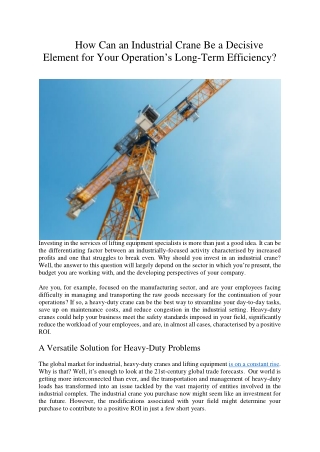 How Can an Industrial Crane Be a Decisive Element for Your Operation’s Long-Term Efficiency