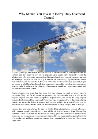 Why Should You Invest in Heavy-Duty Overhead Cranes