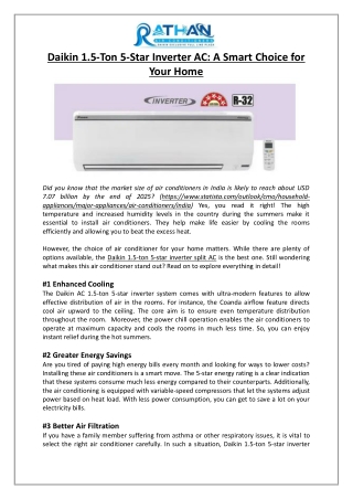 Daikin 1.5-Ton 5-Star Inverter AC A Smart Choice for Your Home - Rathan Air Conditioners