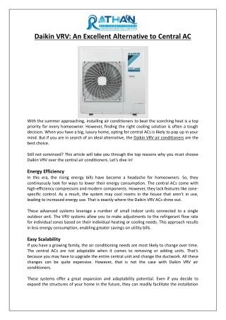Daikin VRV An Excellent Alternative to Central AC - Rathan Air Conditioners