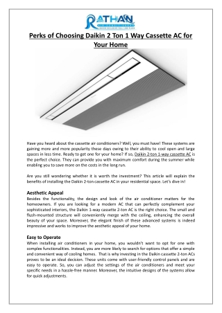 Perks of Choosing Daikin 2 Ton 1 Way Cassette AC for Your Home - Rathan Air Conditioners