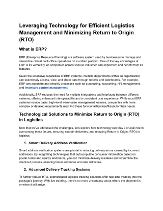 Leveraging Technology for Efficient Logistics Management and Minimizing Return to Origin (RTO)