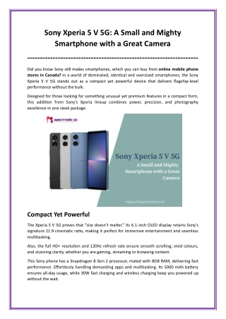 Sony Xperia 5 V 5G: Compact Yet Powerful Smartphone with a Great Camera