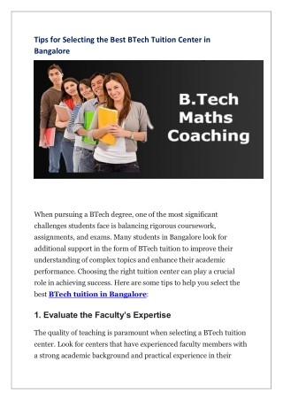 Tips for Selecting the Best BTech Tuition Center in Bangalore