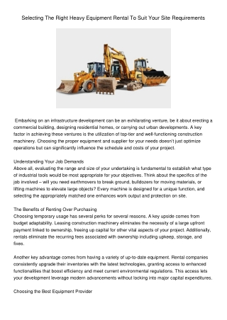 SelectingTheRightHeavyEquipmentRentalToSuitYourSiteRequirements