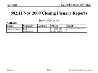 802.11 Nov 2009 Closing Plenary Reports