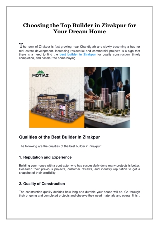 Choosing the Top Builder in Zirakpur for Your Dream Home
