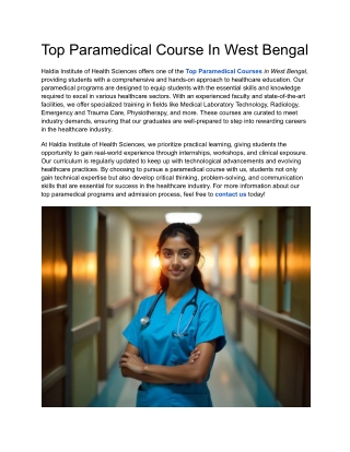 Top Paramedical Course In West Bengal
