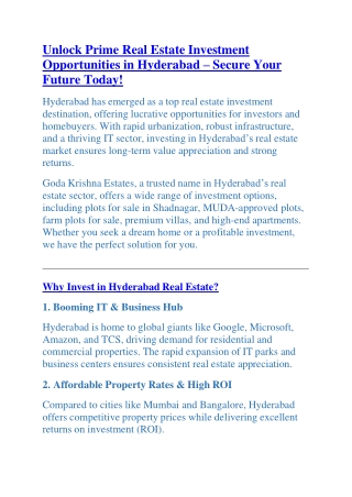 Premium Plots for Sale in Shadnagar – Your Ideal Investment in Hyderabad!