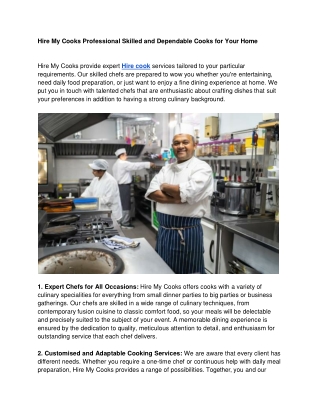 Hire My Cooks Professional Skilled and Dependable Cooks for Your Home