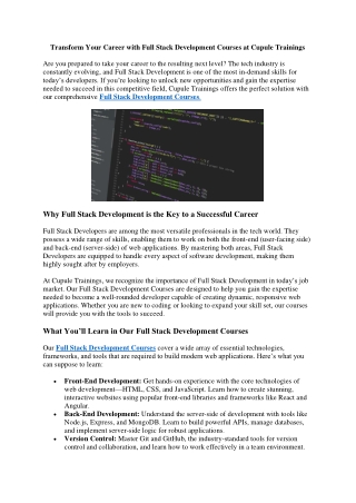 Transform Your Career with Full Stack Development Courses at Cupule Trainings