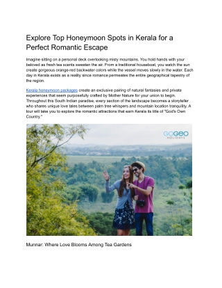 Explore Top Honeymoon Spots in Kerala for a Perfect Romantic Escape