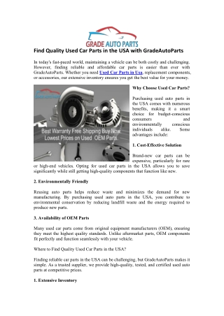 Find Quality Used Car Parts in the USA with GradeAutoParts