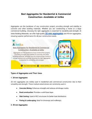 Best Aggregates for Residential & Commercial Construction—Available at Istika