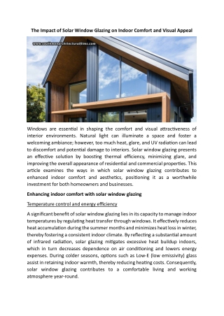 The Impact Of Solar Window Glazing On Indoor Comfort And Visual Appeal