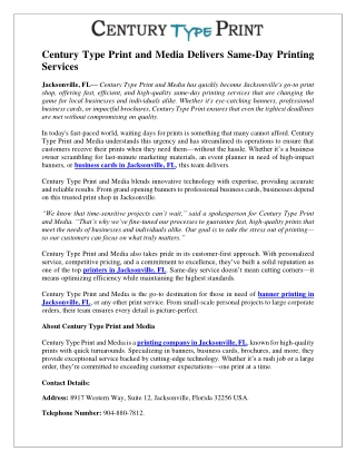 Century Type Print and Media Delivers Same-Day Printing Services