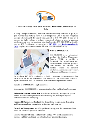 Achieve Business Excellence with ISO 9001 2015 Certification in Delhi