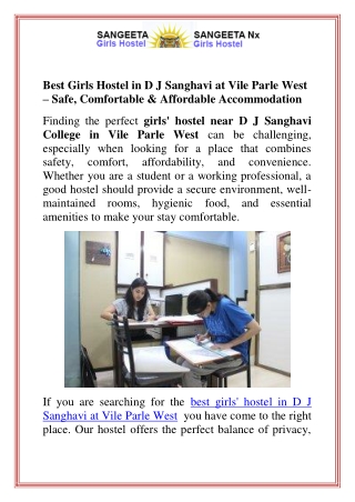 Best Girls Hostel in D J Sanghavi at Vile Parle West Safe, Comfortable & Affordable Accommodation