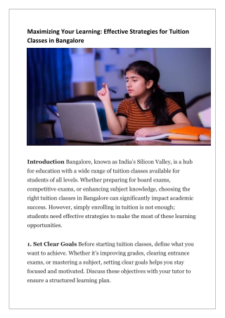 Maximizing Your Learning-Effective Strategies for Tuition Classes in Bangalore
