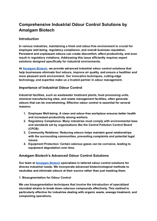 Comprehensive Industrial Odour Control Solutions by Amalgam Biotech  Introduction  In various industries, maintaining a