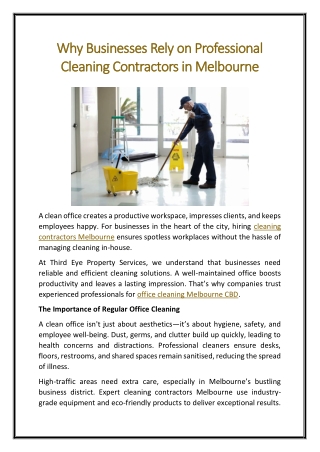 Why Businesses Rely on Professional Cleaning Contractors in Melbourne