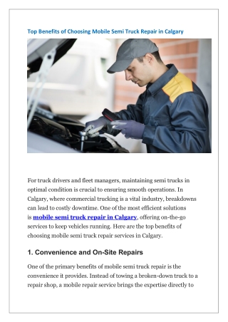 Top Benefits of Choosing Mobile Semi Truck Repair in Calgary