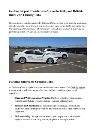 Geelong Airport Transfer – Safe, Comfortable, and Reliable Rides with Cruising Cabs
