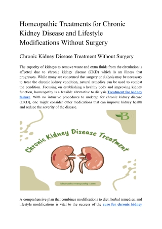 Homeopathic Treatments for Chronic Kidney Disease and Lifestyle Modifications Without Surgery