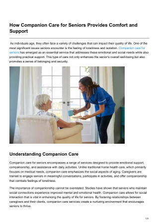 How Companion Care for Seniors Provides Comfort and Support