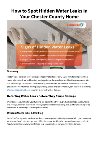 How to Spot Hidden Water Leaks in Your Chester County Home