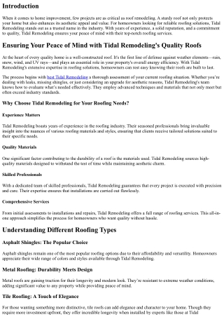 Ensuring Your Peace of Mind with Tidal Remodeling's Quality Roofs