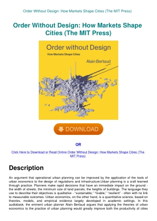 Order Without Design How Markets Shape Cities (The MIT Press)
