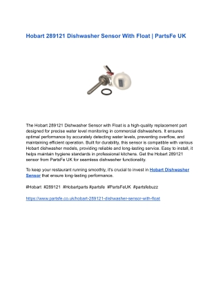 Hobart 289121 Dishwasher Sensor With Float _ PartsFe UK