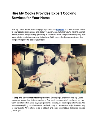 Hire My Cooks Provides Expert Cooking Services for Your Home