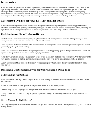 Customized Driving Services for Your Sonoma Tours