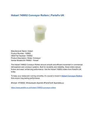 Hobart 749952 Conveyor Rollers _ PartsFe UK