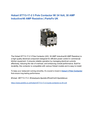Hobart 87713-17-2 3 Pole Contactor W_ 24 Volt, 30 AMP Inductive_40 AMP Resistive _ PartsFe UK