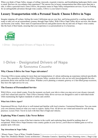Luxury Transportation with a Personal Touch: Choose I-Drive in Napa