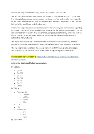 Automotive Bioplastics Market  Size, Trends, and Forecast 2023 to 2032