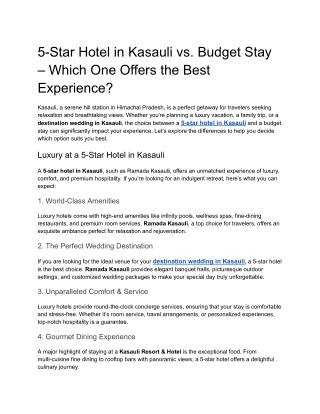 5-Star Hotel in Kasauli vs. Budget Stay – Which One Offers the Best