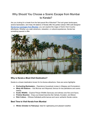 Kerala Tour Packages from Mumbai: A Perfect Escape to God’s Own Country