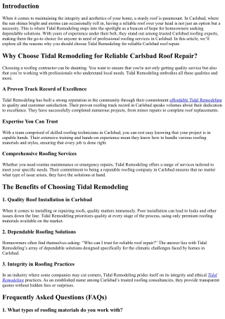 Why Choose Tidal Remodeling for Reliable Carlsbad Roof Repair?