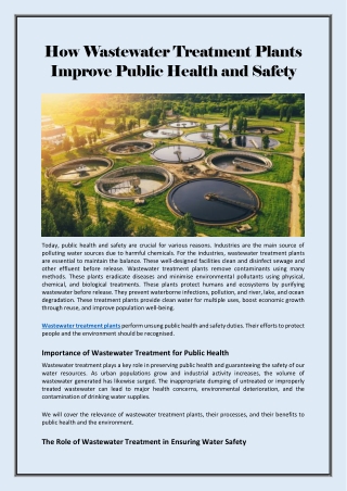 How Wastewater Treatment Plants Improve Public Health and Safety