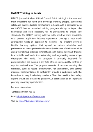 HACCP Training in Kerala