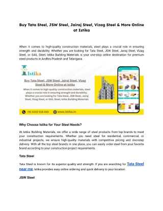 Buy Tata Steel, JSW Steel, Jairaj Steel, Vizag Steel & More Online at Istika